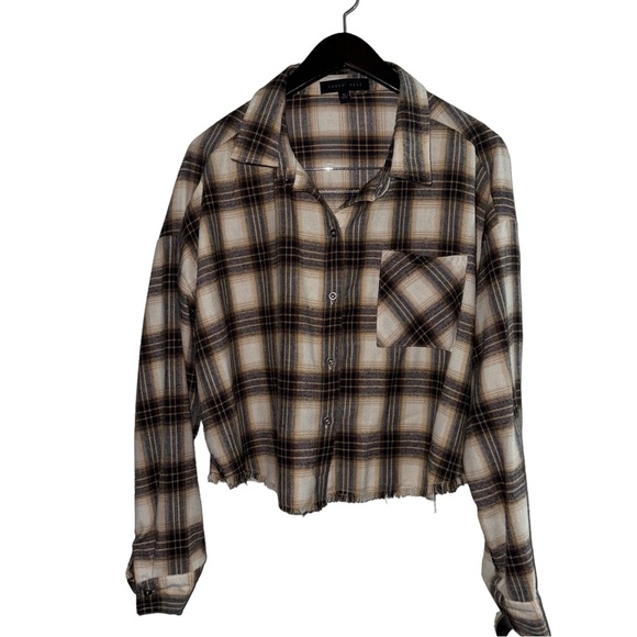 FADED ROSE CROP BROWN BEIGE & BLACK LONG SLEEVE BUTTON DOWN FLANNEL SIZE XL - Picture 10 of 17